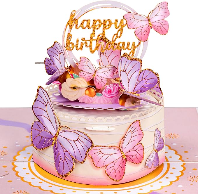 Paper Love Birthday Pop Up Cards 2 Pack - Includes 1 Butterfly Birthday Cake and Happy Birthday Jumbo, For Adults or Kids -5" x 7" and 10" x 14" Cover - Includes Envelope and Note Tag