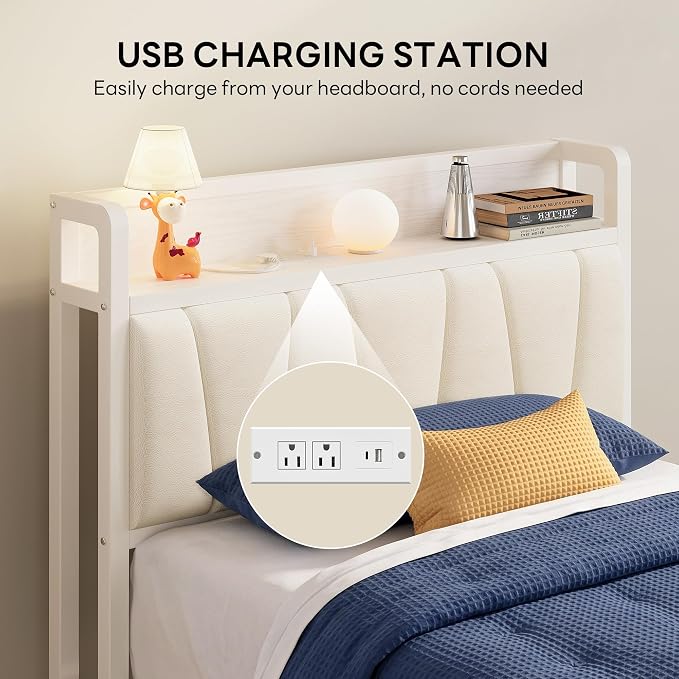 LIKIMIO Twin XL Bed Frames, PU Leather Storage Headboard with Charging Station, Solid and Stable, Noise Free, No Box Spring Needed, Easy Assembly, White