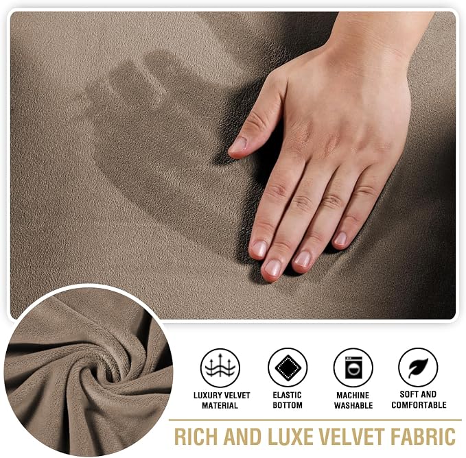 H.VERSAILTEX Stretch Velvet 3 Piece T Cushion Sofa Slipcovers for Living Room Individually Sofa Covers for 3 Cushion Seat Cushion Covers Stay with Elastic Bands (Sofa, Mocha)