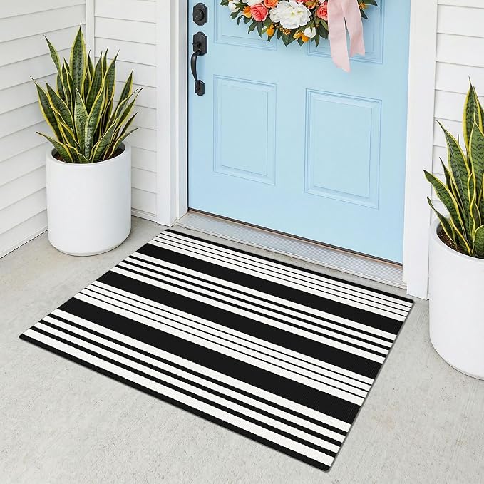 KOZYFLY Striped Rug 2x3 ft Black White Stripes Doormat Cotton Woven Washable Indoor Outdoor Rug Front Door Mat for Entryway Porch Kitchen Patio Decor Small Area Rugs