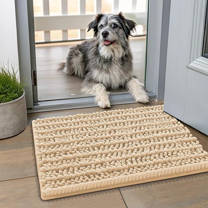 Smiry Dog Door Mat for Muddy Paws 24x16, Absorbent Dirt Trapper, Non-Slip Washable Chenille Entryway Rug for Inside Floor, Beige, Layered Pattern