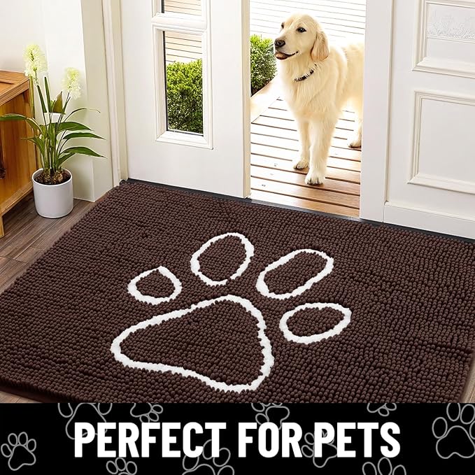 Smiry Dog Door Mat for Muddy Paws, Absorbent Dirt Trapper Non Slip Quick Dry Washable Chenille Mat for Mud Dogs, Entry Rug for Indoor and Outdoor (59x32 Inches, Brown and White)