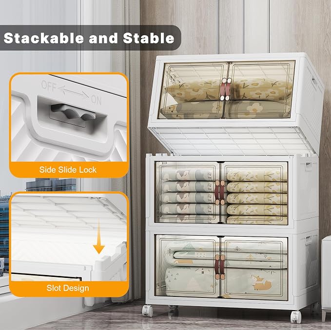 UAMFURI Stackable Storage Bins, 672QT Collapsible Drawers with 2 Lids | Large Capacity, Magnetic Door, Stack Lock, Rolling Wheels, Foldable Design, Organizers and Storage for Bedroom Dorm Garage