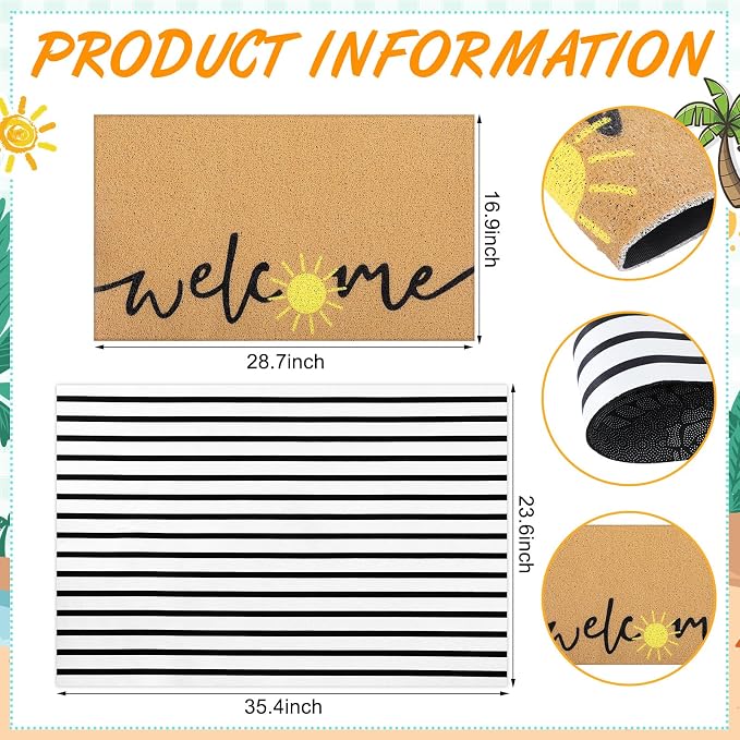 Tinideya 2 Pcs Summer Layered Door Mats Set, Sun Welcome Coir Mats with Stripe Rug for Front Porch Entryway Decor