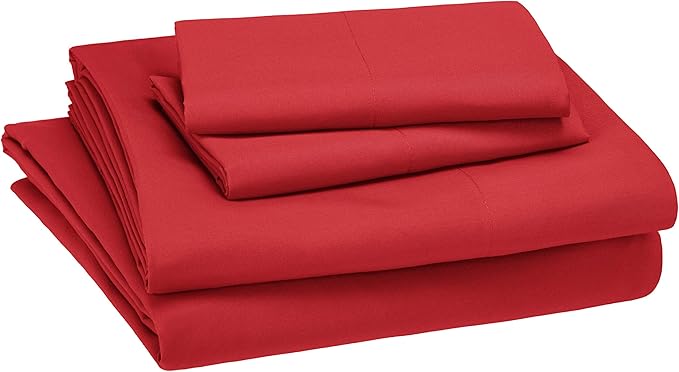 Amazon Basics Kid's Soft, Breathable, Easy-Wash Microfiber 4-Piece Sheet Set, Full, Red, Solid