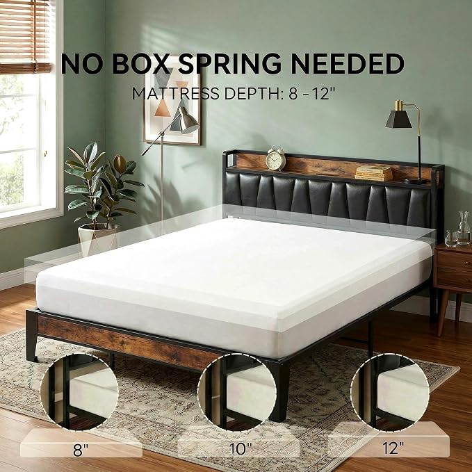 LIKIMIO California King Bed Frame, Storage Headboard with Charging Station, Solid and Stable, Noise Free, No Box Spring Needed, Easy Assembly (Vintage and Black)
