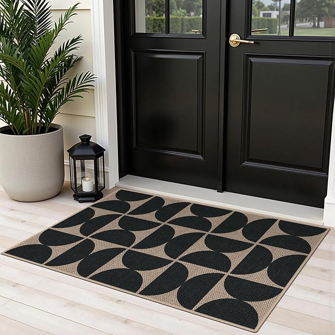 Easy Jute 2x3 Black Semicircle Area Rug,Washable Entryway Rug, Small Modern Door Carpet,Neutral Non-Slip Outdoor Indoor Farmhouse Rug for Kitchen Patio Entry Porch