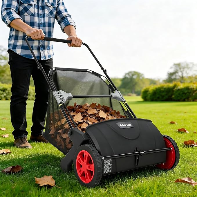 21-Inch Push Lawn Sweeper, Manual Leaf Sweeper with 3.5 Cu. ft. Mesh Bag, 2 Spinning Brushes & 10" Rubber Wheels, Walk-Behind Grass Collector for Lawn Yard Debris