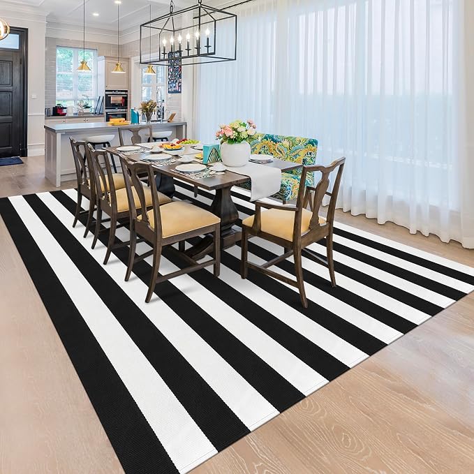 Black and White Striped Rug 6x9 Feet Cotton Woven Rug Reversible Retro Farmhouse Striped Outdoor Rug Washable Indoor Outdoor Area Rug for Living Room Bedroom Dining Room Home Decor Carpets