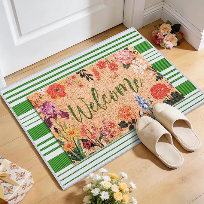 2 Pcs Floral Welcome Doormat Set, Front Door Mat with Non Slip Rubber Backing, Spring Outdoor Entryway Porch Mat Decor Farmhouse Floral Welcome Mat Set for Seasonal Home Indoor Decor