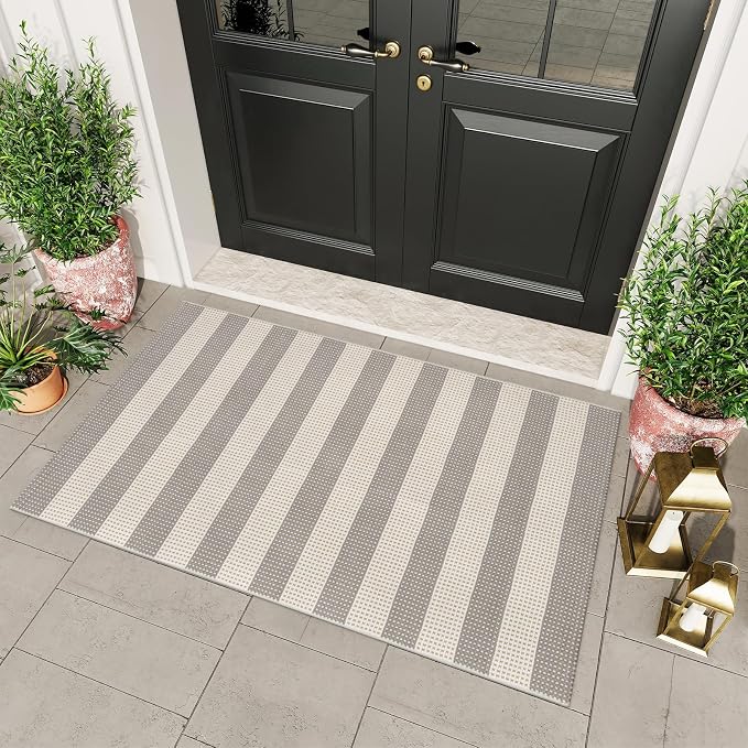 OJIA Indoor Outdoor Rugs 3'x5' Washable Area Rug Entryway Front Door Mat | Striped Front Porch Rug Outdoor Mats Cotton Small Indoor Carpet for Entry/Patio/Deck/Balcony/Bedroom/Living Room Gray/White