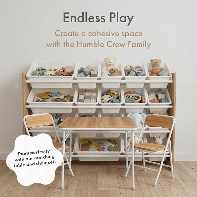 Humble Crew Kids Toy Organizer with 20 Bins, 4 Tier Storage for Playroom | Sturdy wood and steel toddler shelf, removable BPA-free containers, wall anchor anti-tip safety kit for bedroom or classroom