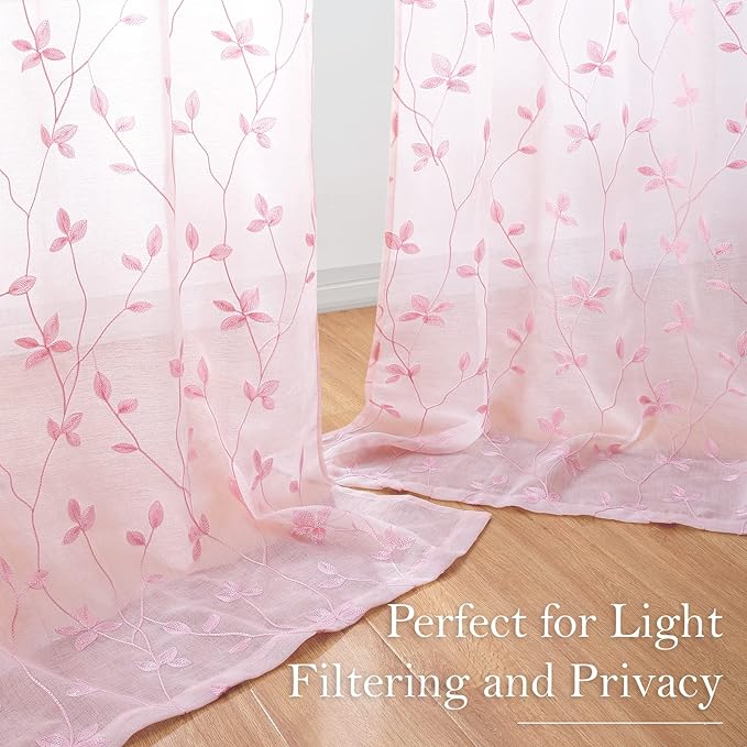 HOMEIDEAS Pink Sheer Curtains 52 X 84 Inches Length 2 Panels Embroidered Vine - Image 6