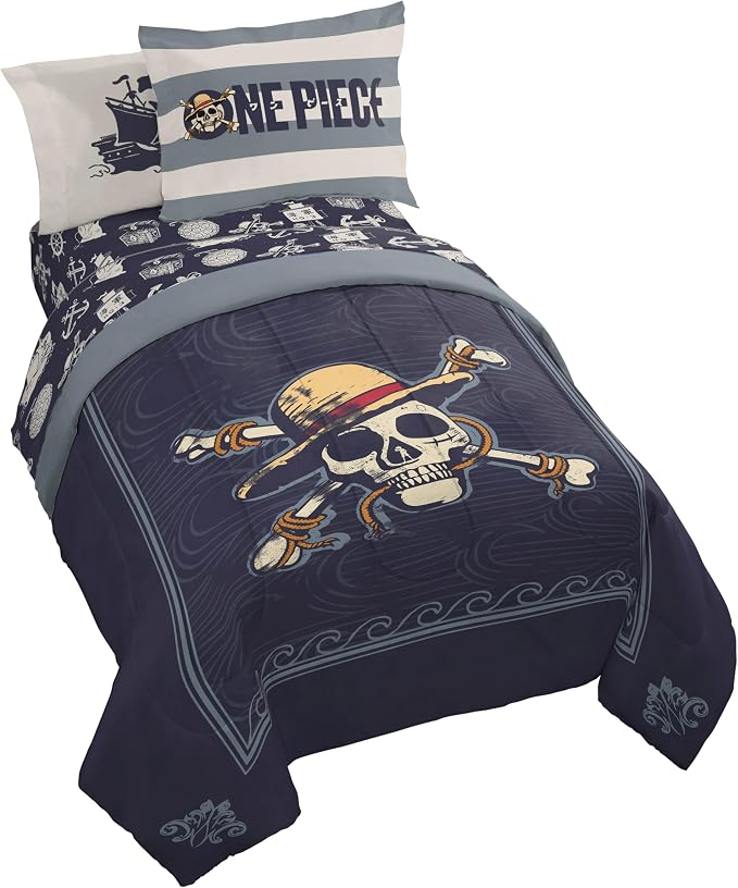 One Piece Luffy Twin Comforter Set 5 Piece Soft Anime Bedding, Blue | Bed in a Bag, Comforter Sheets Sham Pillowcase, Official Product, Soft Microfiber, Machine Washable, Kids Gift