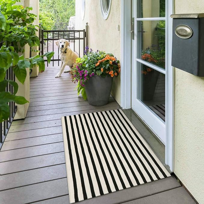 OJIA Front Door Mat Outside Entrance 24"x51" Striped Outdoor Mat Porch Rug | Machine Washable Indoor Outdoor Rug Layered Doormat Front Door Rug Cotton Woven Entryway Rug for Kitchen/Farmhouse/Home Decor