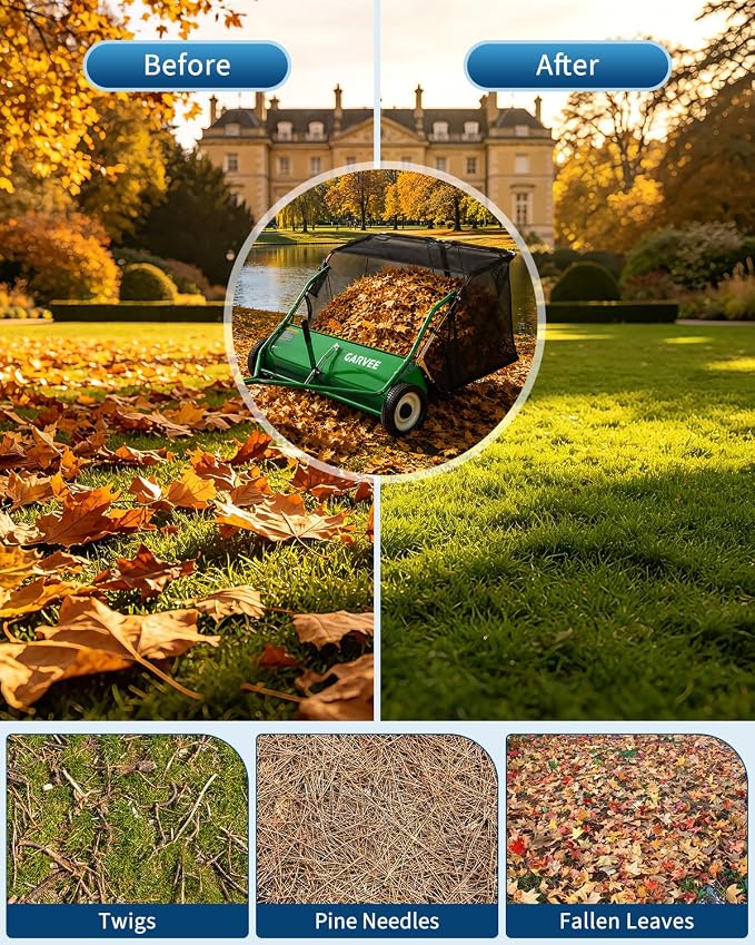Garvee Tow Behind Lawn Sweeper 48 Inch, Heavy Duty Leaf & Grass Collector | Yard Sweeper Pull Behind,16 cu.ft. Leaf Collector,Tool-Free Adjustable Brush Height,Dumping Rope for Yard,Driveway,Sidewalk