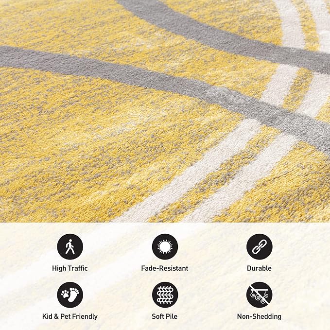 Rugshop Wavy Circles Jute Backing Living Room Area Rug Yellow 5'3" x 7'3" | Rectangular, Size 5'3" x 7'3", Bedroom, Dining Room, Home Office, Kitchen, Entryway, Hallway, Nursery, Kids Room, Guest Room