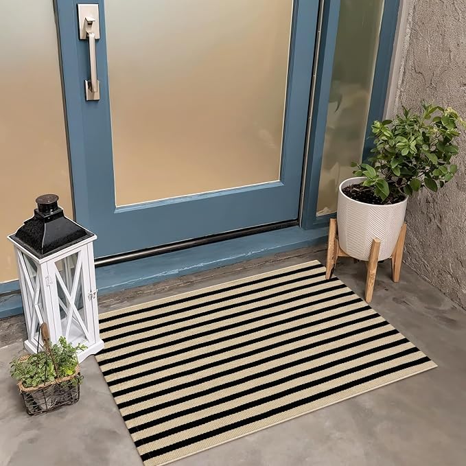 OJIA Front Door Mat Outside Entrance 24"x35" Front Door Rug Porch Rug Decor | Woven Washable Striped Outdoor Rugs Entryway Rugs Indoor Small Area Rug for Kitchen/Entry, Tan and Black Outdoor Doormat