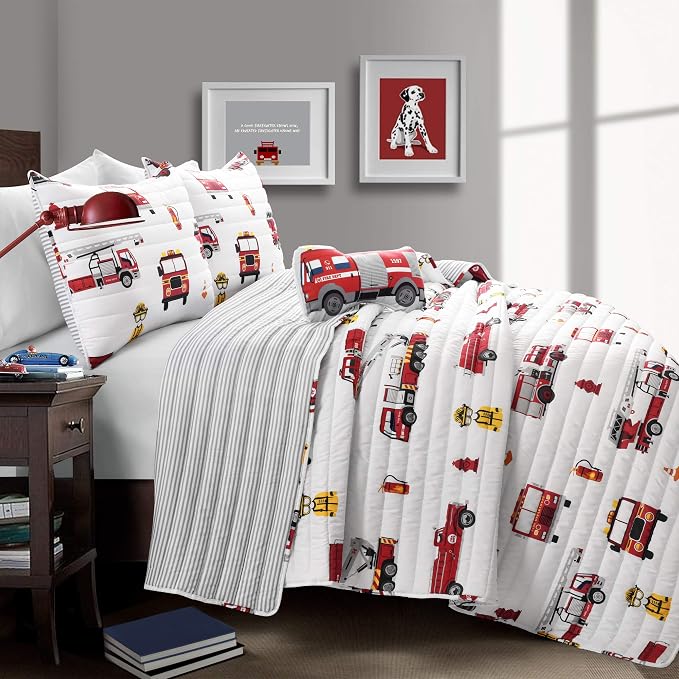 Lush Decor Fire Truck Quilt 4 Piece Set, Full/ Queen, Red & White - Reversible Stripe Print Bedding Set for Kids Room