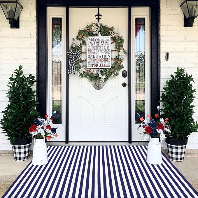 CAINANEL Blue and White Striped Rug 4th of July Door Mat 3' x 5' Summer Front Porch Rug Independence Day Welcome Doormats for Farmhouse Entrance Porch Outdoors Decor(Blue and White, 3' x 5')