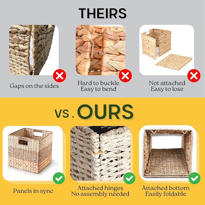 CHI AN HOME 11x11 Wicker Storage Cubes Storage Baskets For Shelves Set 4 | 10.5 x 10.5 Water Hyacinth Storage Baskets Woven With Seagrass, Palm Leaf. Foldable Square Baskets With Carry Handles