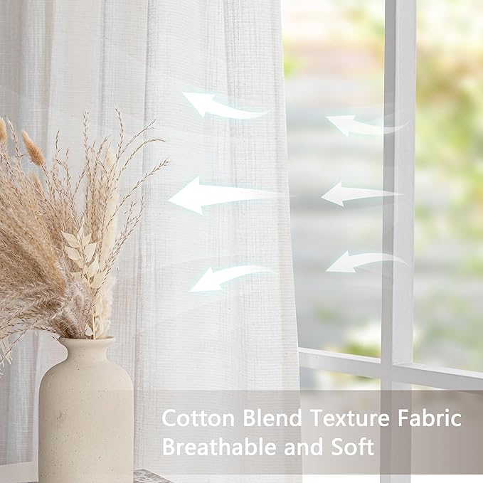MYSKY HOME Semi Sheer Natural Linen Curtains 36 Inch Length, Light Filtering Cream Tiers Curtains Rod Pocket Neutral Window Drapes for Bathroom/Kitchen/Basement, Beige White, 34 x 36 Inch,2 Panels