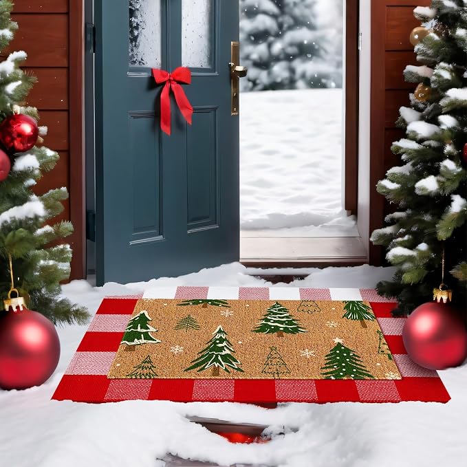 Moucuny 2 Pcs Christmas Coir Doormat Outdoor, Non Slip | Christmas Tree Welcome Coir Door Outdoor Red White Plaid Rug Front Door Porch Entryway Decor, 24'' x 35'', 16'' x 28''
