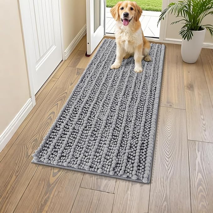 Smiry Dog Door Mat for Muddy Paws 47x20, Absorbent Dirt Trapper, Non-Slip Washable Chenille Entryway Rug for Inside Floor, Grey, Layered Pattern