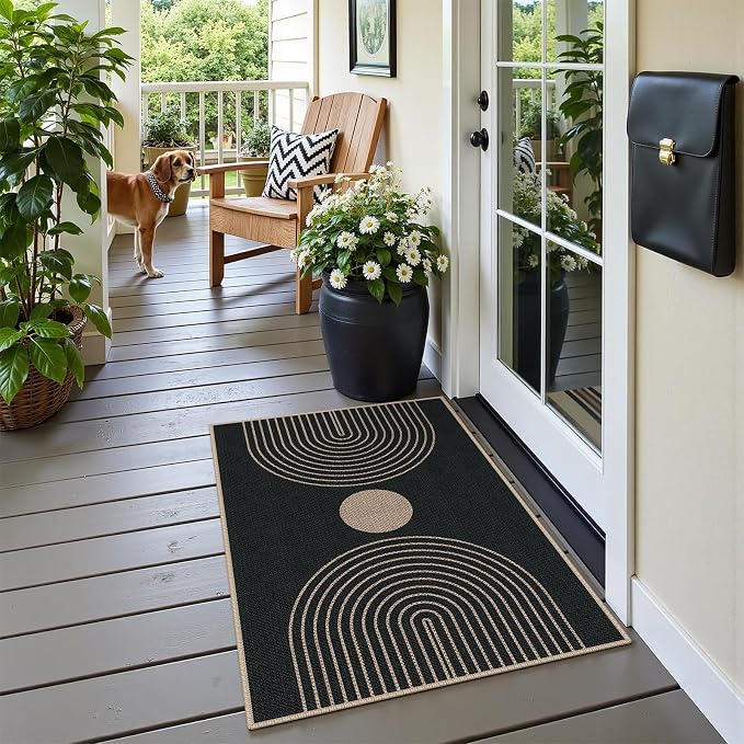 Easy Jute 2x3 Black Rainbow Area Rug,Washable Entryway Rug, Small Modern Door Carpet,Neutral Non-Slip Outdoor Indoor Farmhouse Rug for Kitchen Patio Entry Porch