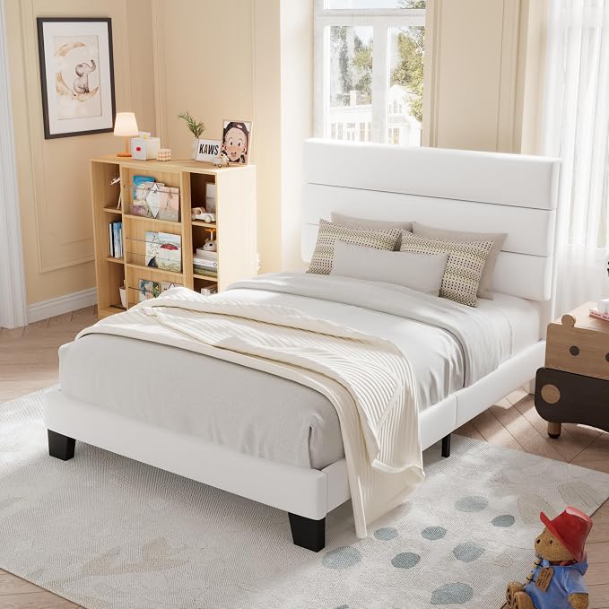 Allewie Twin Size Platform Bed Frame with Velvet Upholstered Headboard | Wooden Slats Support, Fully Upholstered Mattress Foundation, No Box Spring Needed, Easy Assembly, Noise-Free, White
