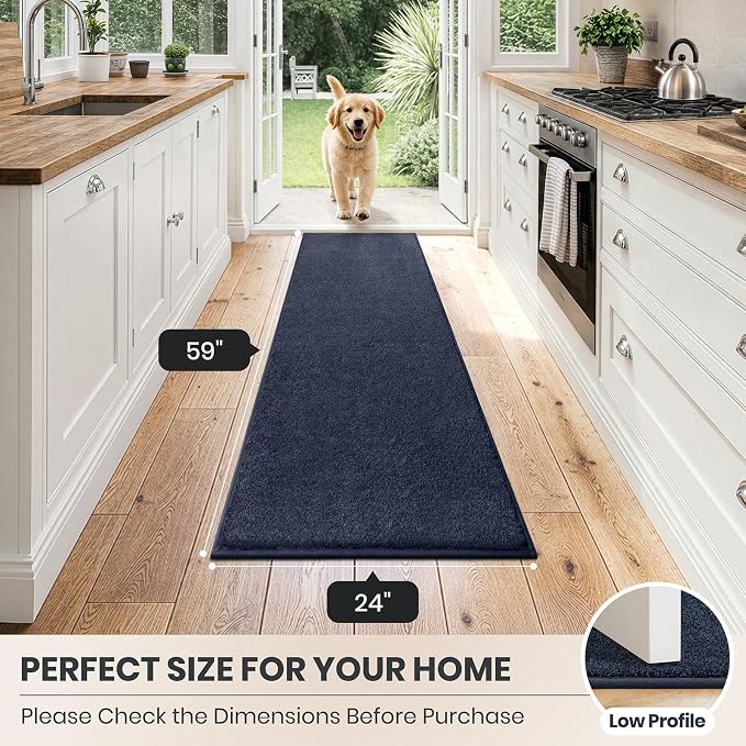 PURRUGS Dirt Trapping Door Mat 24" x 59", Non-Slip Machine Washable Entryway Rug, Dog Doormat, Indoor Front Door Mat, Super Absorbent Entry Rug for Muddy Shoes & Paws, Navy Blue