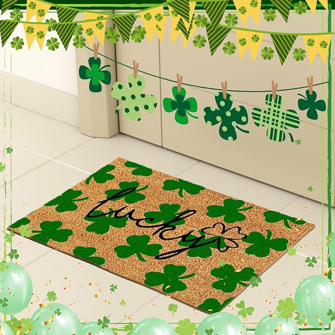 Ceenna St. Patrick's Day Coir Doormat Outdoor Shamrock Lucky Welcome Door Mat Green Clover Non-Slip Rug St. Patrick's Day Front Door Porch Entryway Decor for Indoor Outdoor Home Bathroom Decor