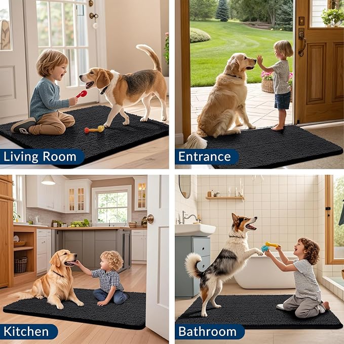 Smiry Dog Door Mat for Muddy Paws 24x16, Absorbent Dirt Trapper, Non-Slip Washable Chenille Entryway Rug for Inside Floor, Black, Classic Solid