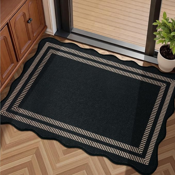 EDIMENS Easy Jute Rug Entryway Rug, 2x3 Front Door Mat Small Entryway Non-Slip Washable Area Rug, Low Pile Black Indoor Outdoor Farmhouse Scalloped Doormat for Entrance Entry Porch Doorway