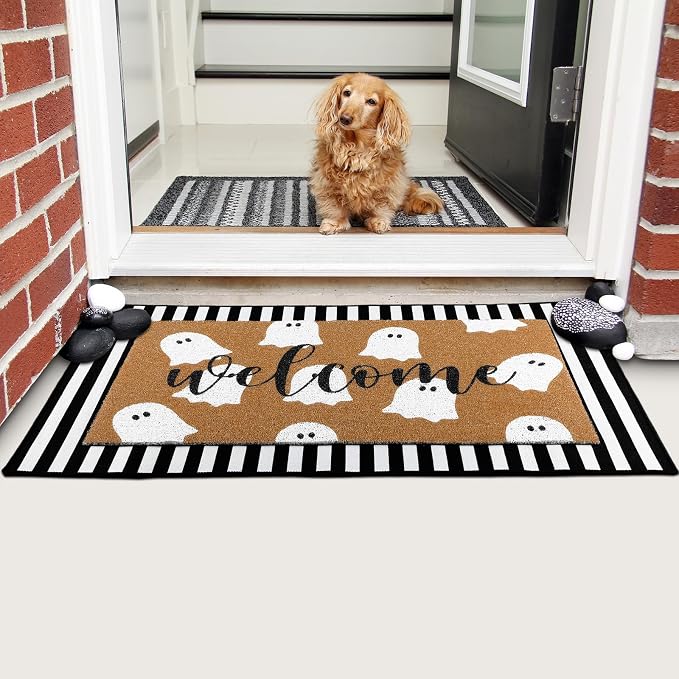 Tinideya 2 Pcs Halloween Door Mat Outdoor Cute Ghost Welcome Doormat for Front Door Non Slip Layered Ghost Coir Floor Mat Black White Stripe Halloween Rug for Outside Front Porch Entryway Decor