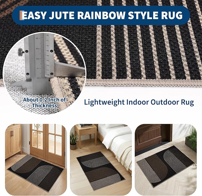 GarveeHome Modern Rainbow Easy Jute Rug, 2x3 Entryway Rug Non Slip Indoor Outdoor Doormat, Washable & Non Shedding for Front Door, Kitchen, Farmhouse Porch