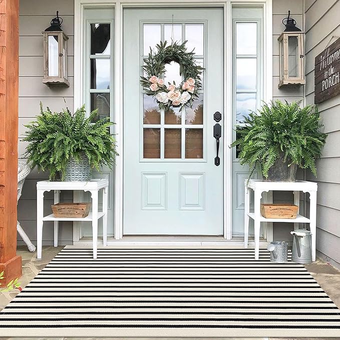 IOHOUZE Black Beige Striped Rug -4'x6' Front Door Rugs Outdoor, Washable Area Rug for Double Front Porch, Large Patio Rug Outdoor Indoor, Doormat for Entryway Porch Entrance