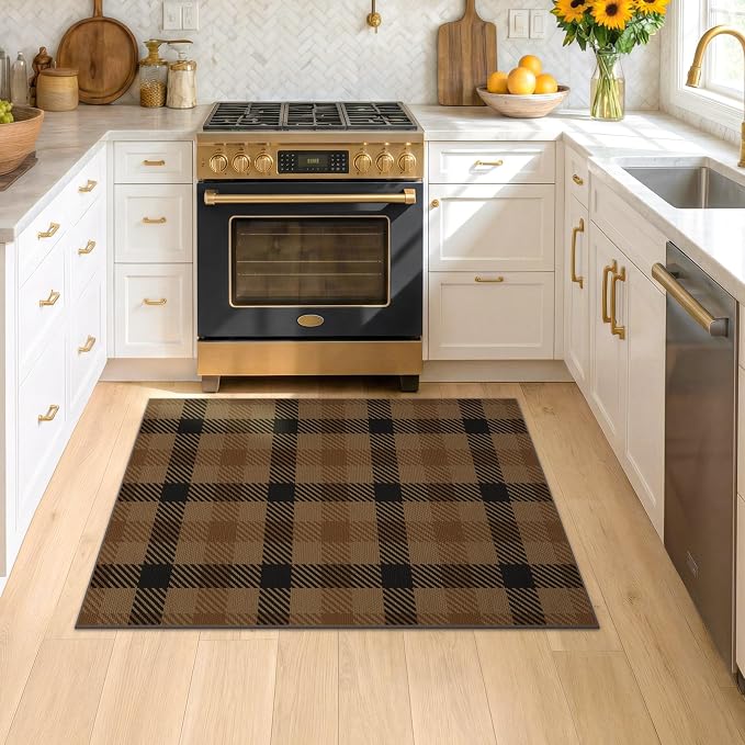 3x4 Entryway Door Mat Indoor – Washable Non Slip Small Rug for Front Door, Kitchen Sink, Mudroom, Garage Entry, Low Profile Easy Clean Farmhouse Plaid Floor Mat
