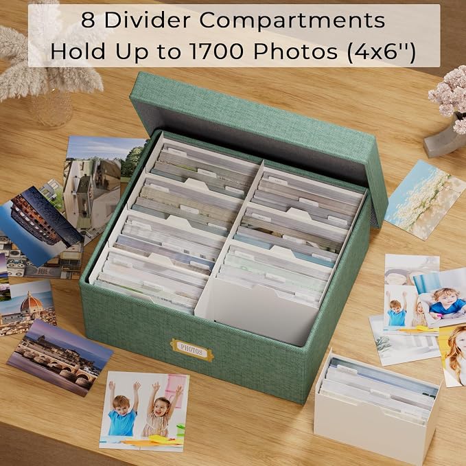 Decorative Photo Storage Box, Linen Photo Box Holds 1700 4x6 Pictures Green | Photo Storage Containers with 8 Dividers, Memory Keepsake Organizer for Photos, Scrapbook Supplies, Cards, Stamps,Archive Box