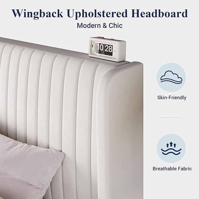 Allewie King Size Velvet Bed Frame/Vertical Channel Tufted Wingback Headboard/Upholstered Platform Bed/No Box Spring Needed/Strong Wooden Slats/Easy Assembly/White