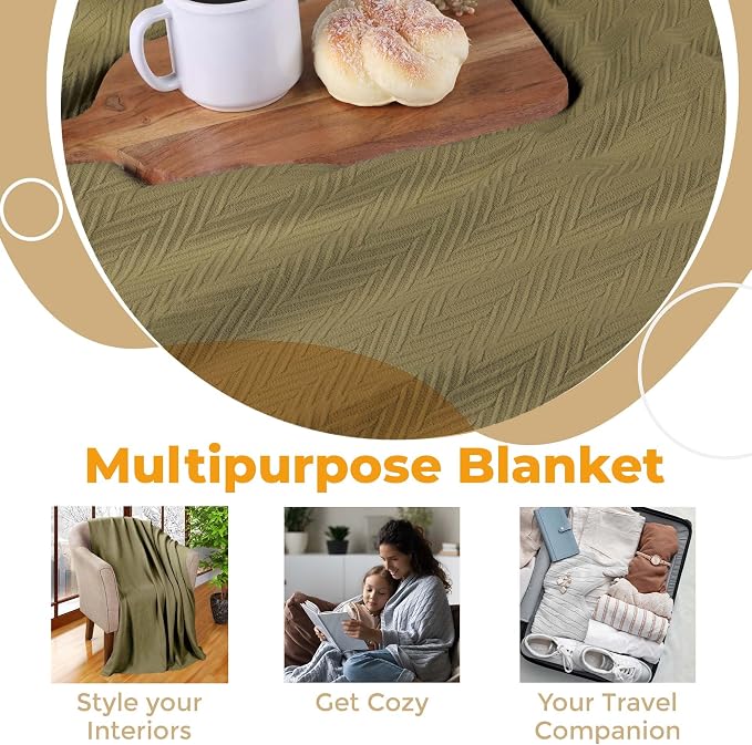 Superior Metro All-Season Cotton Blanket, Woven Blanket for Couch, Bed, Bedding, Farmhouse, Home Essentials, Cute and Cozy Bohemian Blankets, Herringbone Weave, Twin Size, Sage