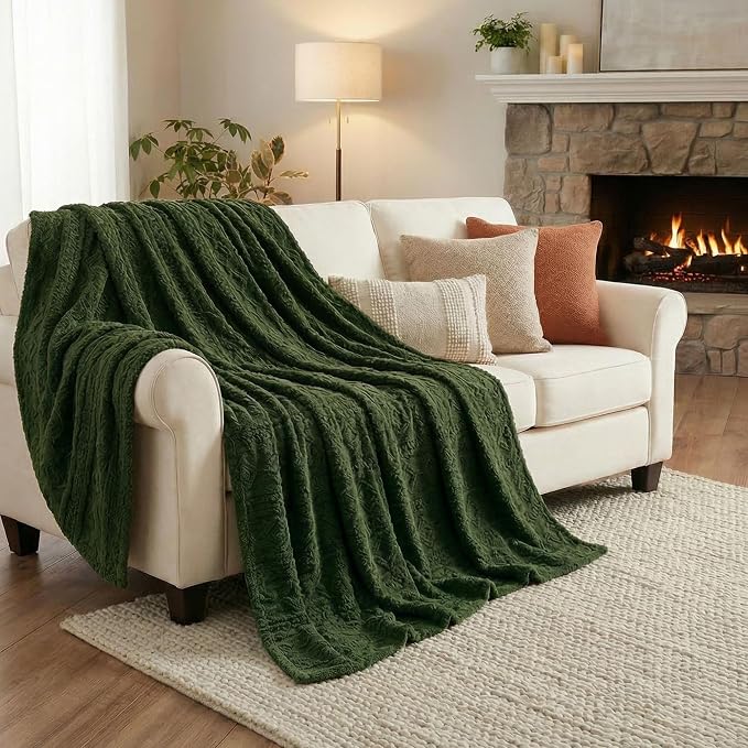 SUPERIOR Fleece Boho Jacquard Blanket, Decorative Blankets for Bedroom, Sofa, Fuzzy, Plush, Fluffy, Soft, Cute Room Decor, Beautiful Cover, Comfort Essentials, Arctic Collection, Throw XL, Green
