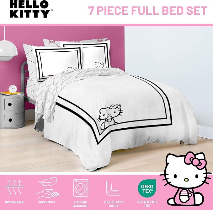 Sanrio Hello Kitty Full Comforter Set 7 Piece Bedding for Girls, White | Bed in a Bag, Comforter Sheets Shams Pillowcases, Official Product, Soft Microfiber, Machine Washable, Girls Gift