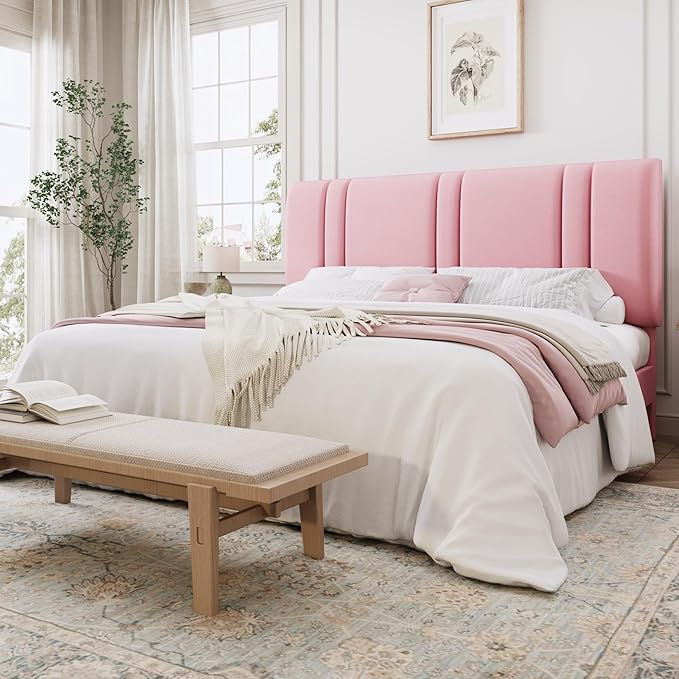 SHA CERLIN King Size Velvet Bed Frame with Adjustable Headboard, Pink | Vertical Channel Tufted Design, Upholstered Platform Bed, Wood Slats Support/No Box Spring Needed/Easy Assembly