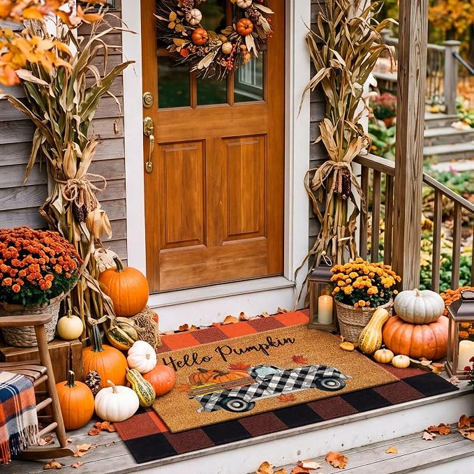 Moucuny 2 Pcs Fall Door Mat, Layered Hello Pumpkin Welcome Coir Doormat with Orange and Black Buffalo Plaid Rug, Non-Slip Backing, Fall Farmhouse Autumn Porch Decor for Entryway Patio Decor