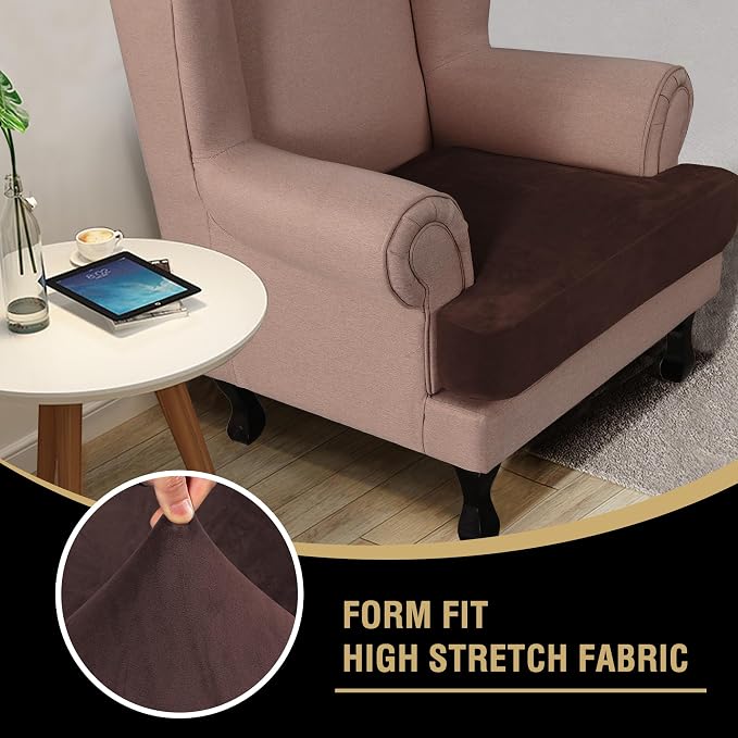 H.VERSAILTEX Stretch Velvet T Cushion Chair Covers for Living Room Armchair Sofa Cover Couch Cover Slipcover T Cushion Seat Cover Stay with Elastic Bands(Armchair, Brown)