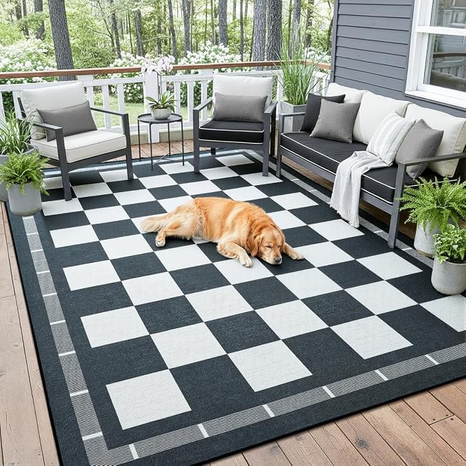 Vasofe 6x9 Checkered Jute Outdoor Rug, Washble Patio Balcony Plaid Area Rug | Washable Living Room Indoor Carpet, Non Slip Farmhouse Neutral Geometric Rugs for Camping Dining Room Backyard, Black/White