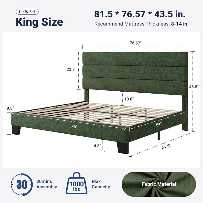 Allewie King Size Platform Bed Frame with Velvet Upholstered Headboard and Wooden Slats Support, Fully Upholstered Mattress Foundation/No Box Spring Needed/Easy Assembly, Green