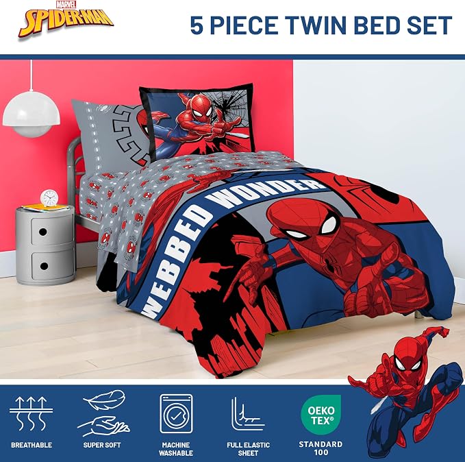 Marvel Spiderman Twin Comforter Set 5 Piece Kids Bedding for Boys, Multi | Bed in a Bag, Comforter Sheets Sham Pillowcase, Official Product, Soft Microfiber, Machine Washable, Easy Care, Boys Gift