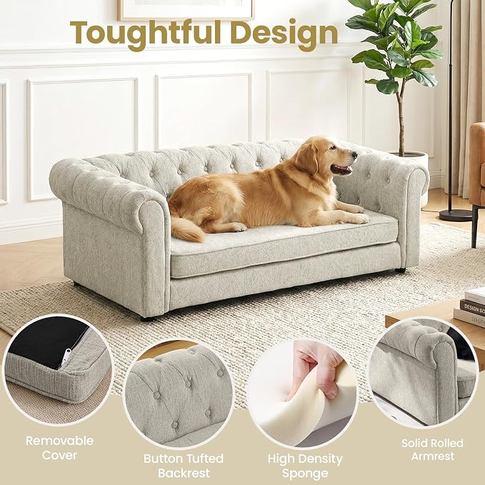 Elevated XL Large Dog Sofa with Backrest and Armrests, 55" Button Tufted Dog Couch Bed with Soft Cushion for Large Dogs, Stylish Lounging Bed Pet Couch Chair, 120Lbs Weight Capacity, Beige